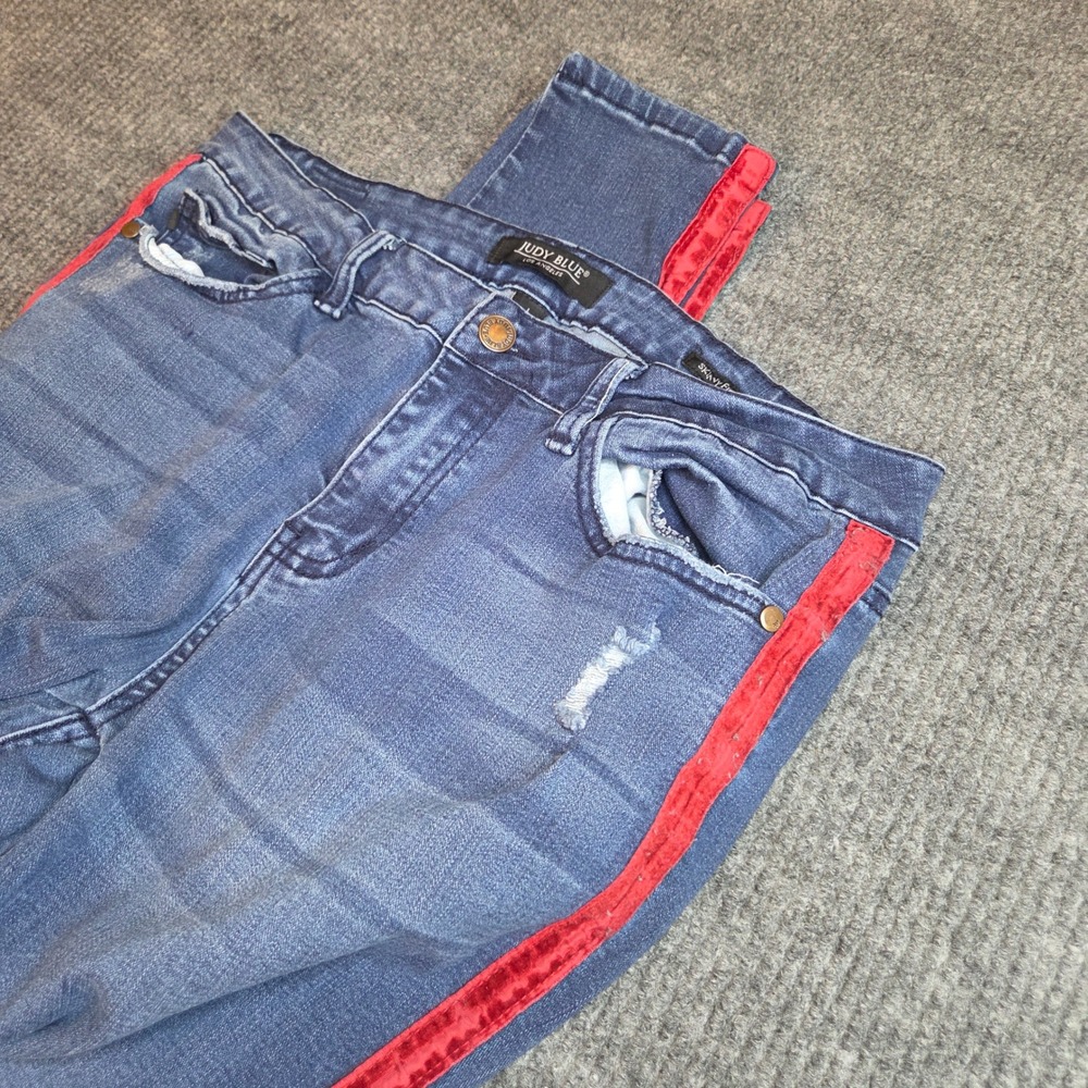 Judy Blue Jeans Skinny Fit‎ Blue Denim Red Velvet Stripe Distressed Size 13 31